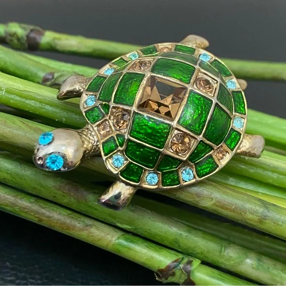 Jewelry Vintage Green Turtle Enamel Rhinestones Small Fashion